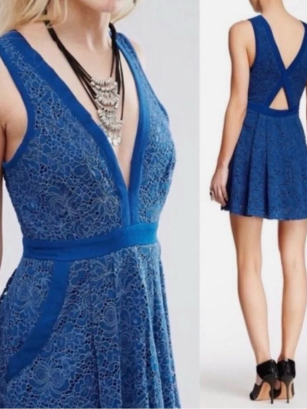 Free People Royal Blue Lace V-Neck Skater Dress
